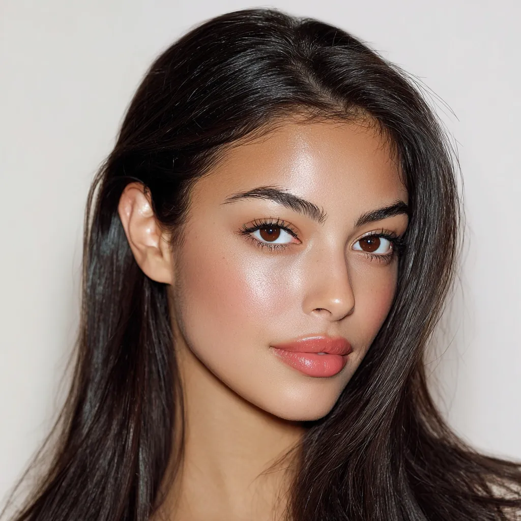 Close-up portrait of a young woman with long, dark brown hair.  She has a radiant complexion with subtly defined eyebrows, natural-looking makeup featuring a peachy blush and lip color, and her gaze is directed slightly away from the camera.  The overall aesthetic is one of clean beauty and natural elegance.