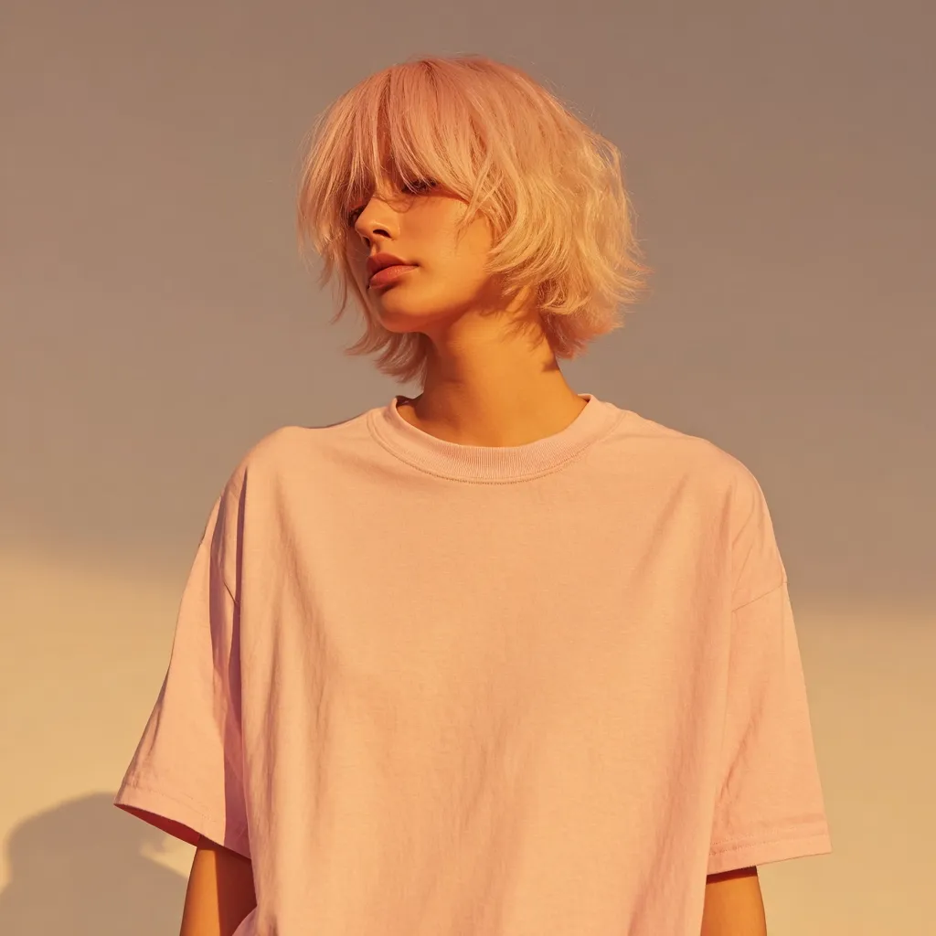A young woman with a short, light pink, choppy hairstyle wears a pale pink oversized t-shirt.  The warm, golden light of sunset bathes her from the side, casting a soft glow on her face and clothing. She looks away from the camera, creating a pensive and stylish mood. The overall aesthetic is minimalist and trendy.