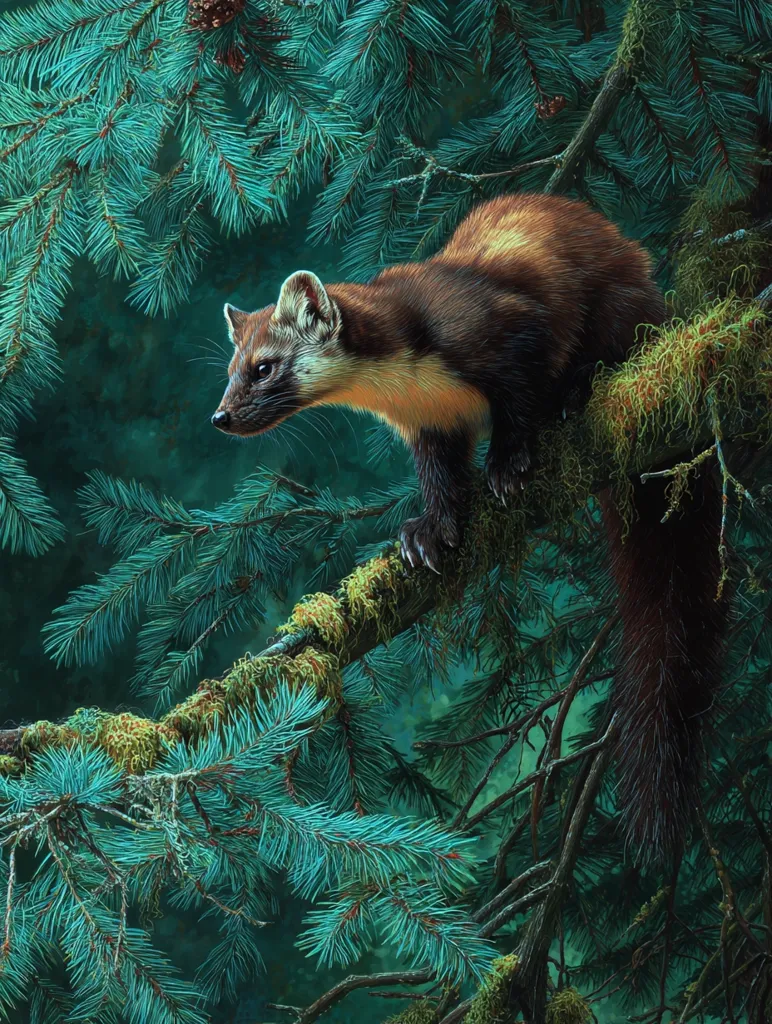 A pine marten, with its rich brown and yellowish fur, perches on a moss-covered branch of a pine tree.  The marten's gaze is directed to the left, alert and watchful.  The deep teal-green of the pine needles creates a lush, contrasting backdrop, highlighting the animal's striking coat.  The overall ambiance is one of serene woodland mystery.