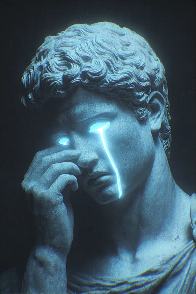 A digital rendering depicts a classical bust, seemingly sculpted from stone, illuminated in cool blue tones.  A single, luminous, cyan tear streaks down the figure's face, emanating from eyes that also glow with the same ethereal light. The bust's hand rests gently near its face, conveying a sense of melancholy or sorrow. The overall aesthetic blends classical sculpture with futuristic, digital art styles.