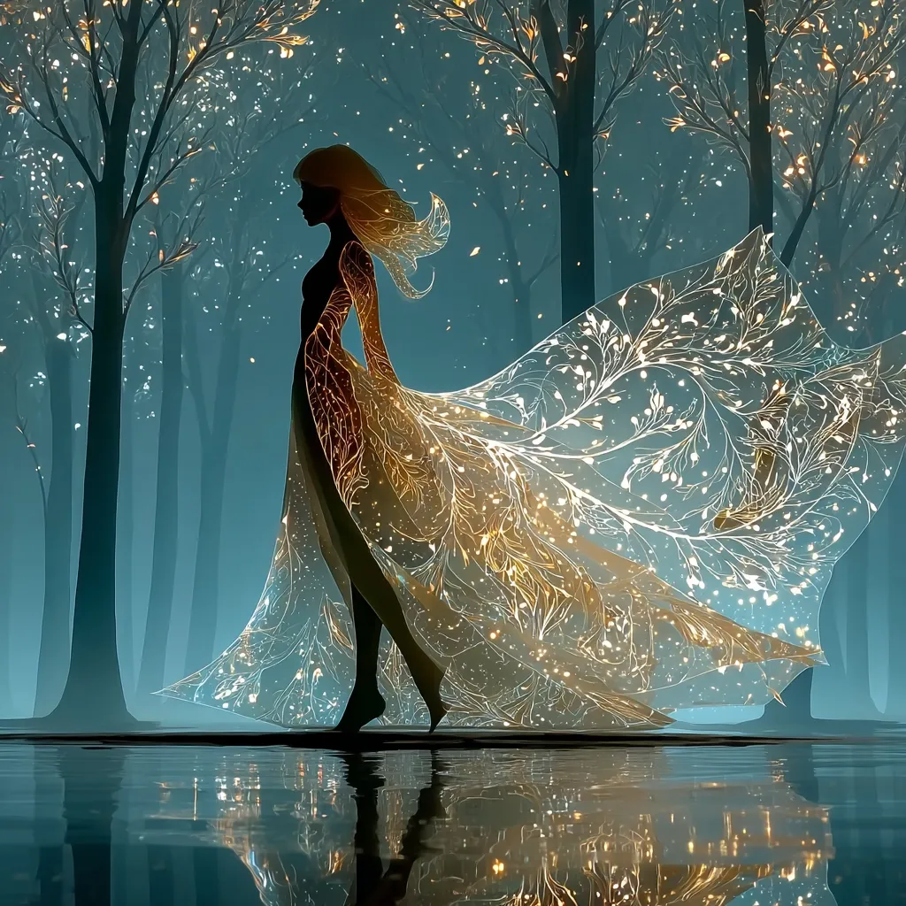 A silhouetted woman with flowing, luminous golden hair and a gown adorned with intricate, glowing patterns walks through an ethereal forest.  Her dress trails behind her, resembling a luminous waterfall of light.  The scene is reflected in a still, dark body of water, creating a magical and serene atmosphere.  The trees are dark, almost skeletal, contrasting with the radiant glow of the woman's attire.
