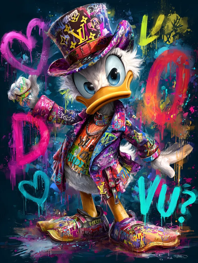 Donald Duck is depicted in a vibrant, graffiti-style artwork. He wears a top hat and extravagant clothing covered in various brand logos and street art designs.  The background features colorful hearts and stylized lettering, enhancing the urban, hip-hop aesthetic. Donald's expression is one of attitude and confidence, fitting the bold and energetic style of the piece.  The overall effect is a playful yet edgy reimagining of the classic Disney character.