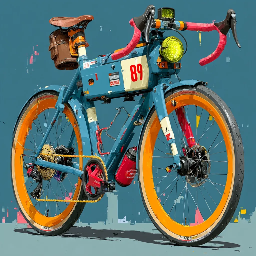 A stylized illustration depicts a futuristic bicycle, predominantly teal blue, with vibrant orange rims.  Number 89 is prominently displayed on the frame, suggesting a racing or competition context. The bike features a brown leather saddle bag, a front headlight, and a detailed mechanical design. The artistic style incorporates a blend of realistic and digital elements, creating a unique aesthetic.