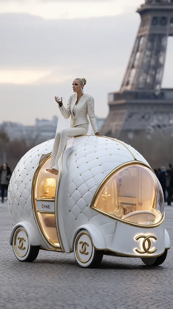 A blonde woman in a white Chanel suit sits atop a uniquely designed, white, egg-shaped vehicle.  The car features gold accents, Chanel logos on the wheels, and a quilted interior visible through a transparent section.  The Eiffel Tower is blurred in the background, suggesting a Parisian setting. The overall aesthetic is luxurious and whimsical.