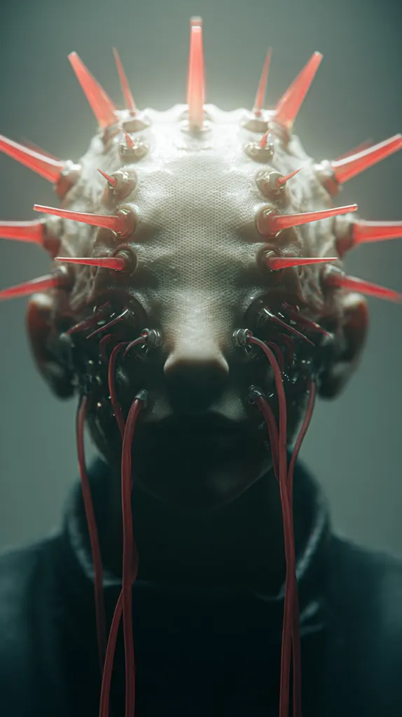 A digital rendering depicts a humanoid figure with a pale face and head adorned with numerous sharp, red spikes.  Thin, red wires or tubes extend from the head, connecting to unseen points. The figure's expression is obscured, creating an unsettling, futuristic, and somewhat biomechanical aesthetic.  The overall tone is dark and mysterious.