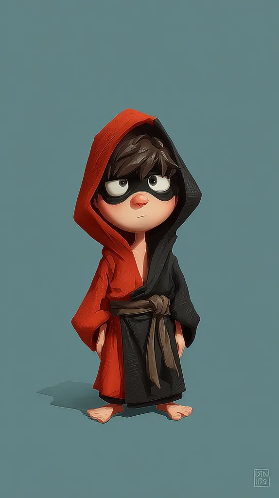 A stylized illustration depicts a young boy, barefoot, wearing a half-red, half-black robe tied with a brown belt.  His hooded garment obscures most of his face, only his eyes and nose peeking out from behind a black mask.  The boy's expression is serious, almost sullen, against a muted teal background. The artistic style is reminiscent of animation or concept art.