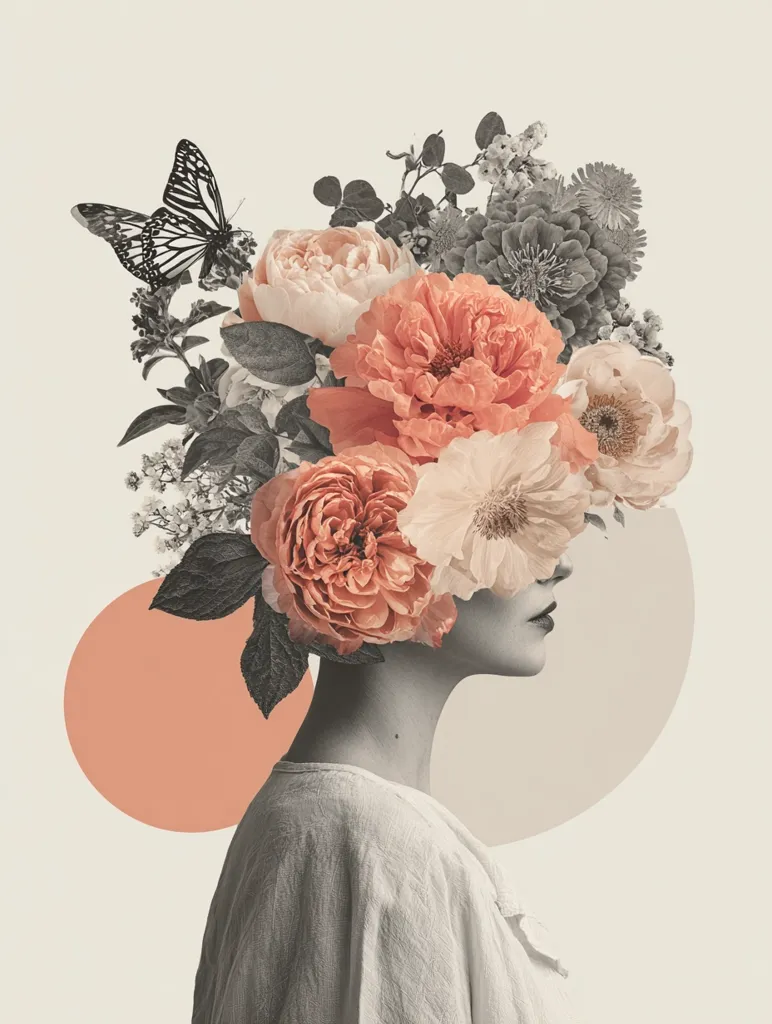 A woman's profile is adorned with a vibrant bouquet of coral and peach roses, complemented by grayscale foliage and a black butterfly.  The floral arrangement obscures her face, creating a surreal and artistic effect.  The image is set against a minimalist background featuring soft peach and beige circles, enhancing the overall serene and elegant aesthetic.