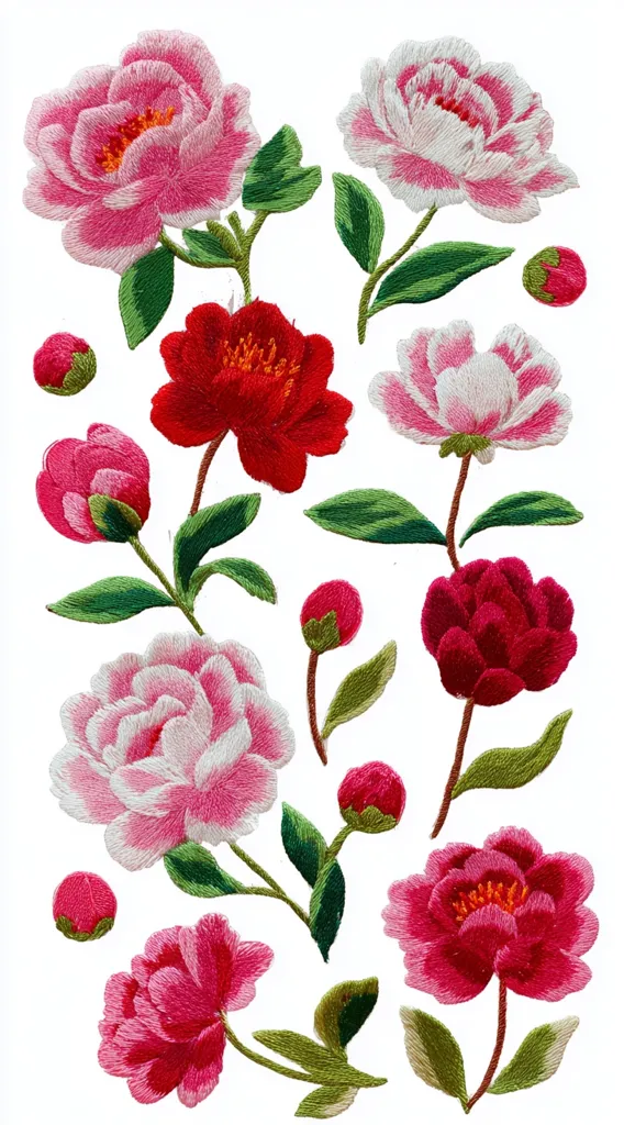 An arrangement of embroidered peonies in varying shades of pink and red.  The blossoms are meticulously detailed, showcasing their layered petals.  Green stems and leaves add to the floral design, creating a vibrant and elegant collection of embroidered flowers. The style is reminiscent of traditional Asian embroidery.  Small buds are interspersed among the larger blooms, completing the composition.