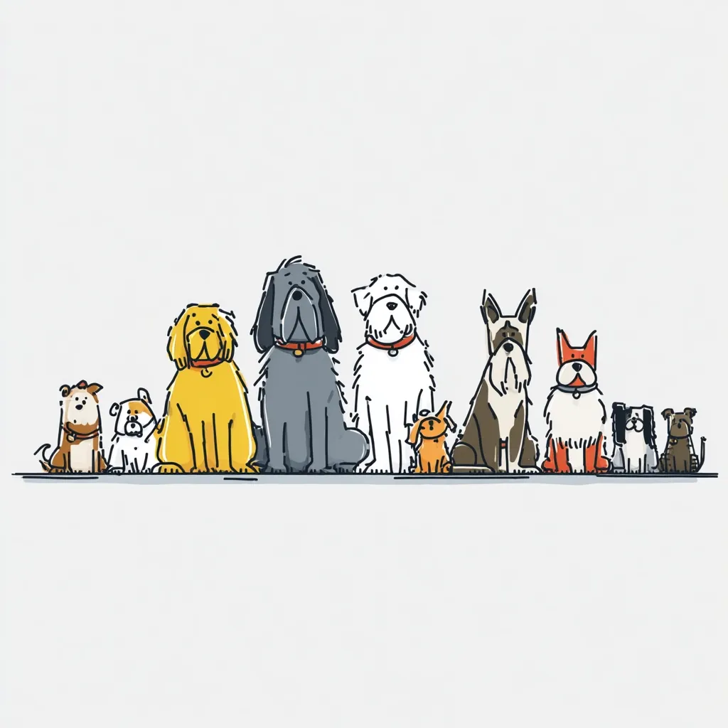 A line of diverse dogs sits together, showcasing various breeds and sizes.  Larger dogs like a golden retriever, a black dog, and a fluffy white one are in the center, flanked by smaller breeds including a schnauzer, a terrier, and several smaller pups.  They all appear calm and are depicted in a simple, cartoonish style. The image suggests a friendly group of canine companions.
