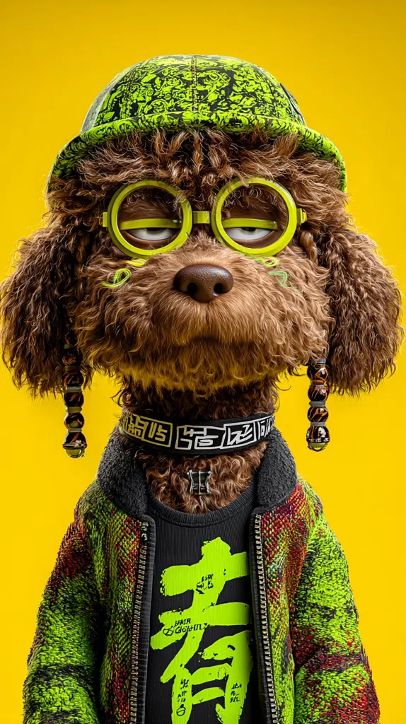 A brown poodle, digitally rendered, sports a vibrant lime green outfit.  It wears a patterned hat, round lime green glasses, a black collar with Asian characters, and a lime green and black jacket over a black shirt with more lime green Asian characters.  The dog's beaded earrings add to its stylish, hip-hop inspired look, set against a bright yellow background.