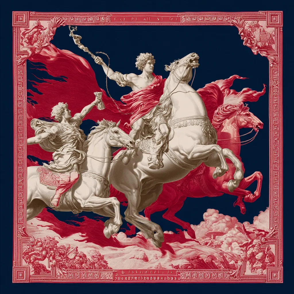 A dramatic depiction of a classical scene, possibly Roman, features two figures on horseback amidst a swirling red and beige palette. One rider holds a aloft a scroll or torch, while the other reaches towards a cup. The horses are powerfully rendered, suggesting movement and dynamism. The background hints at a battle or chaotic event. The entire composition is framed by an ornate border with Greek key patterns. The color scheme is bold and evocative.