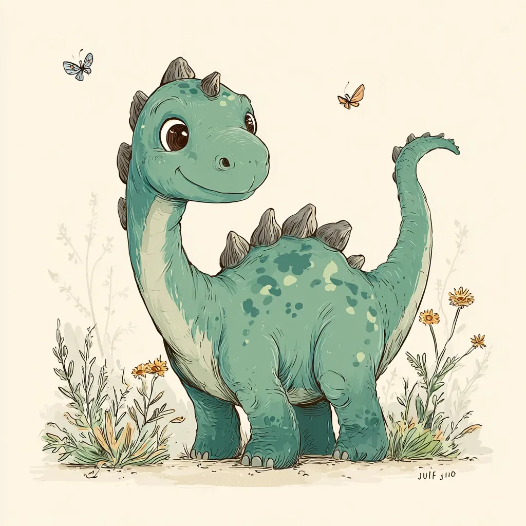 A charming illustration depicts a teal-colored baby dinosaur, its large, expressive eyes and gentle smile conveying a friendly demeanor.  The dinosaur, possibly a Brachiosaurus, stands amidst simple wildflowers and grasses, with two small butterflies fluttering nearby. The artwork is rendered in a soft, vintage style with delicate linework and muted colors, creating a sweet and whimsical scene.