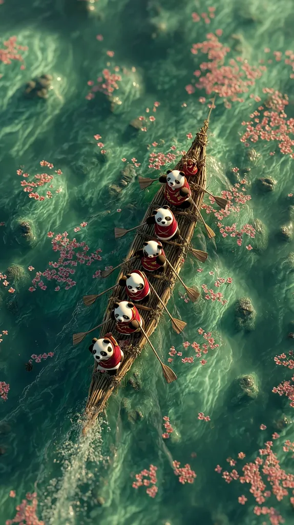 A whimsical digital illustration depicts a long, narrow boat gliding on teal water strewn with pink blossoms.  Six pandas, each wearing a red outfit, row the boat with synchronized strokes. The scene is serene and magical, suggesting a fantastical journey. The boat's simple construction and the pandas' coordinated effort create a charming image.