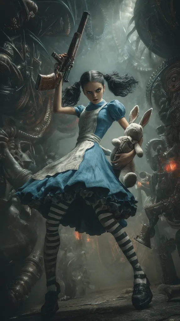 A young girl, styled as Alice from Alice in Wonderland, stands defiantly amidst a dark, steampunk-inspired landscape. She wields a large antique firearm, a determined expression on her face.  A stuffed rabbit is clutched in her other hand.  The background is filled with imposing, mechanical creatures and shadowy structures, creating a surreal and ominous atmosphere. Her striped stockings and dark shoes contrast with her blue dress.