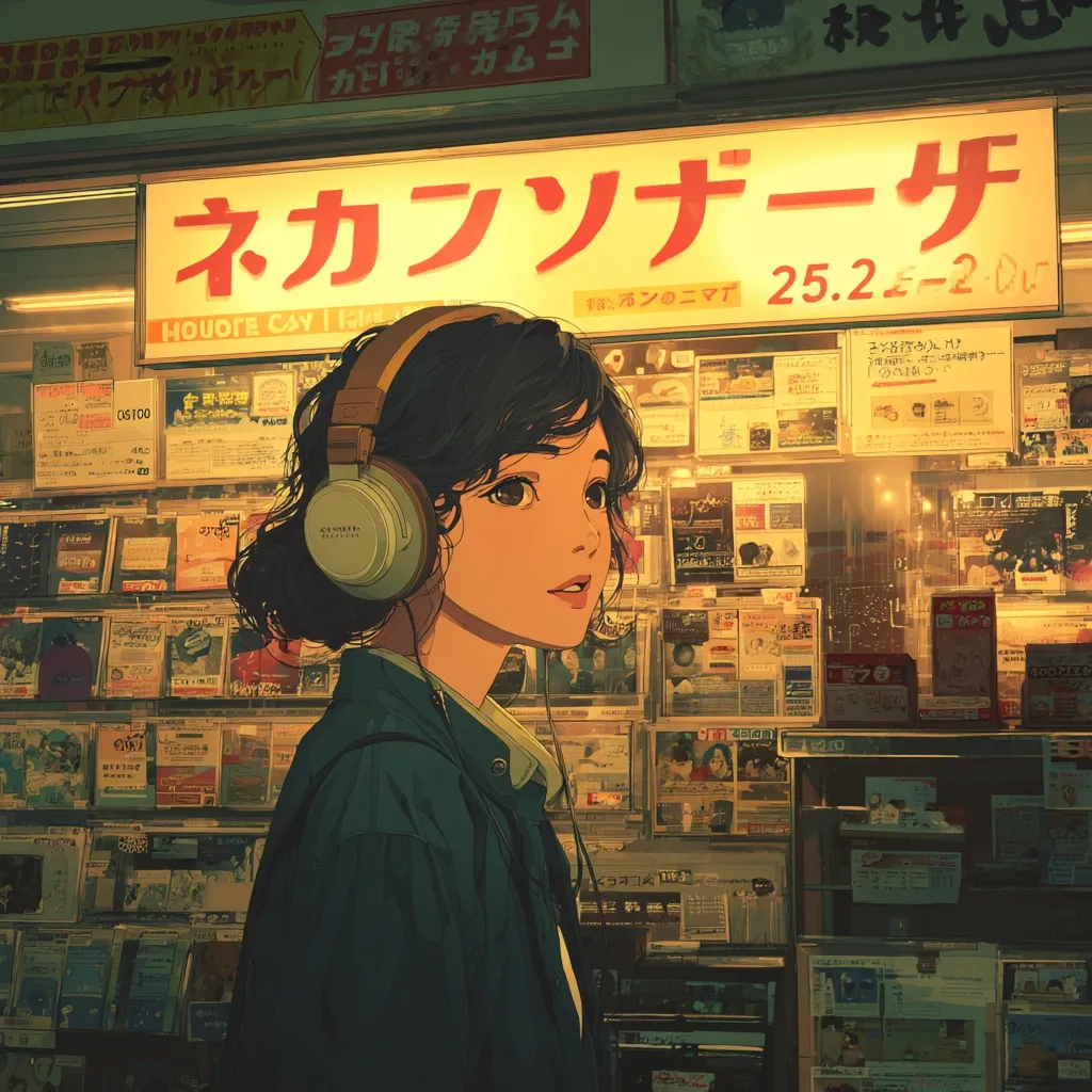 A young woman with dark hair and large eyes stands in front of a brightly lit Japanese convenience store.  She wears large headphones and a dark green jacket. The store's windows are filled with colorful advertisements and rows of CDs and other media, creating a vibrant, bustling atmosphere.  The warm lighting casts a nostalgic glow on the scene.