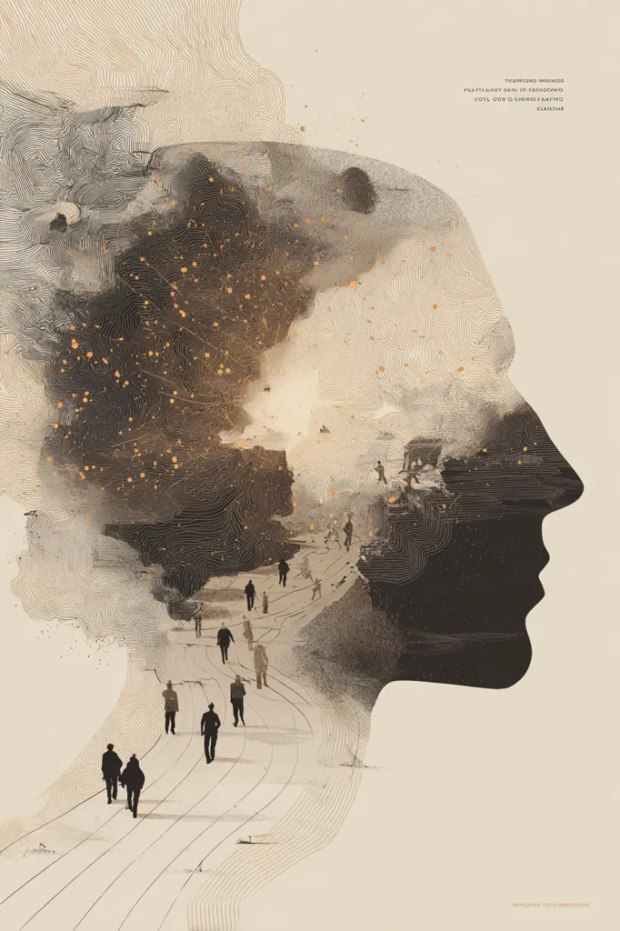 An abstract illustration overlays a profile of a human head with a landscape featuring a winding path populated by small, silhouetted figures.  The landscape is rendered in sepia tones and textured lines, giving a sense of depth and movement.  Gold speckles add a mystical quality. The overall effect is melancholic yet evocative, suggesting a journey through memory or the inner self.