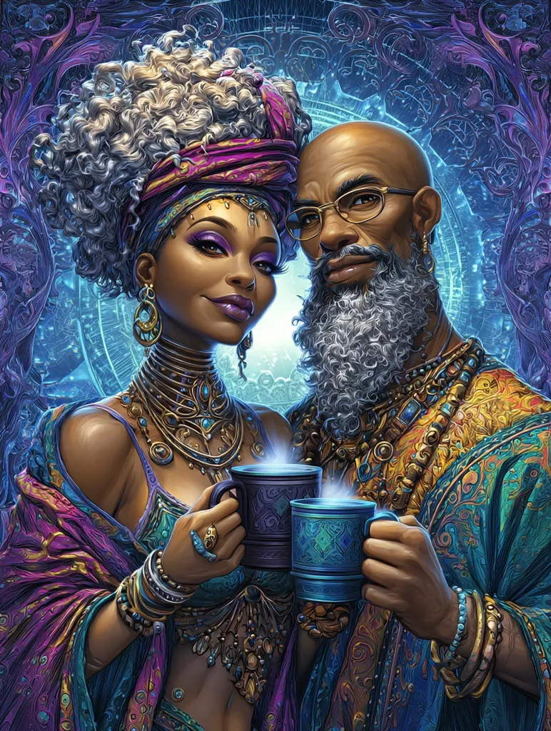 A regal Black couple, adorned in ornate turquoise and gold jewelry and vibrant clothing, share a warm drink from intricately designed mugs.  The woman's voluminous, silvery-grey hair is styled elegantly, contrasting with the man's full, grey beard.  They are set against a swirling, cosmic backdrop suggesting a mystical or fantasy setting.  The painting showcases rich textures and vibrant colors, creating a powerful and captivating image.
