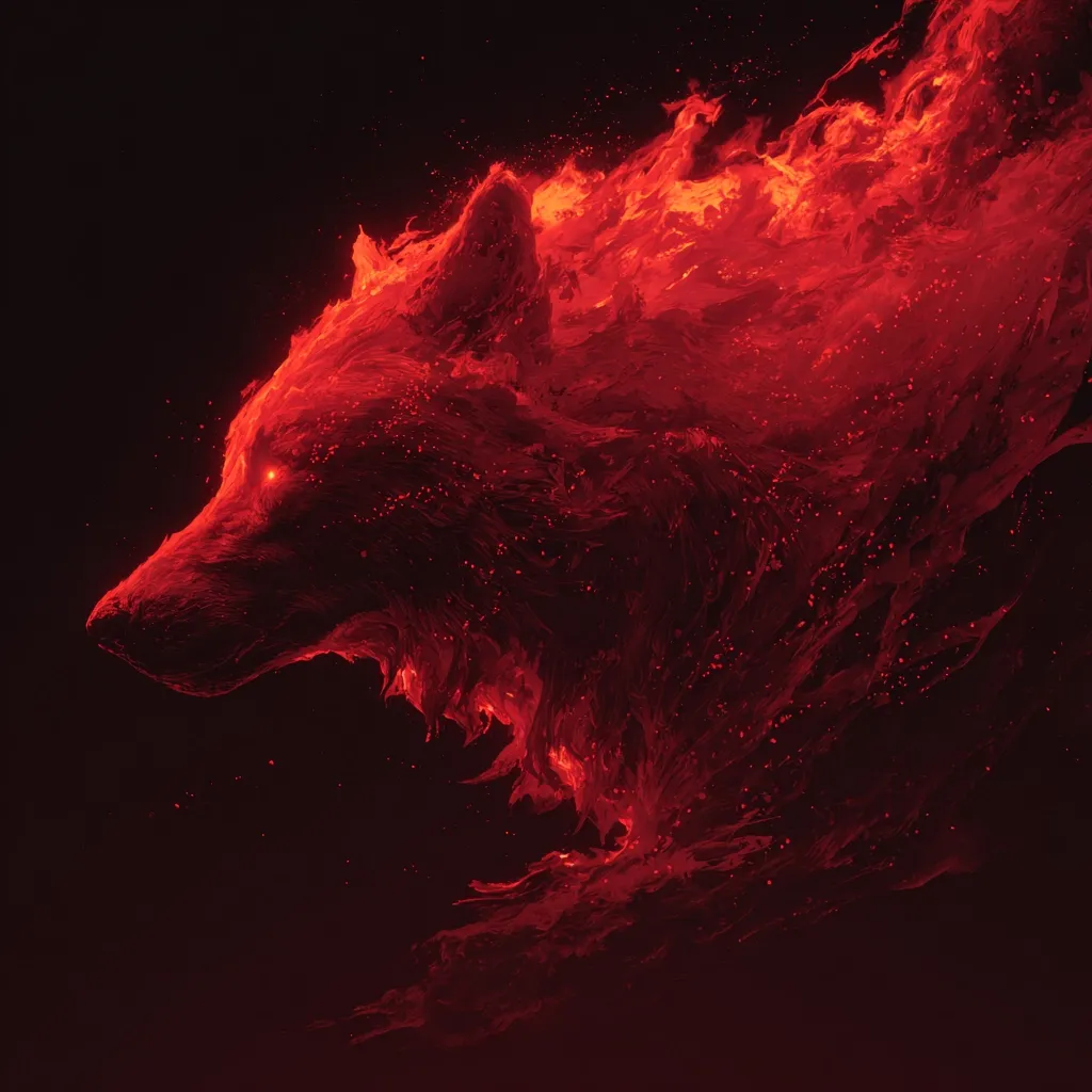 A fiery, abstract depiction of a wolf's head, rendered in intense shades of red and orange.  The wolf appears to be composed of swirling flames or molten material, with glowing embers scattered throughout.  The dark background accentuates the fiery creature, creating a dramatic and powerful image. The style is digital art, with a painterly texture.