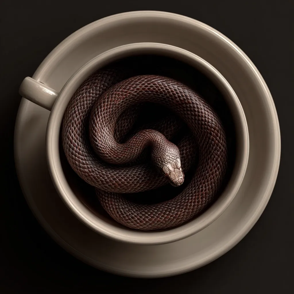 A dark brown snake is curled up inside a beige teacup, which rests on a matching saucer. The snake's scales are highly detailed, and its head is visible at the center of the coil. The image is a striking contrast between the smooth ceramic and the textured reptile, creating a surreal and slightly unsettling visual effect.  The dark background emphasizes the objects.