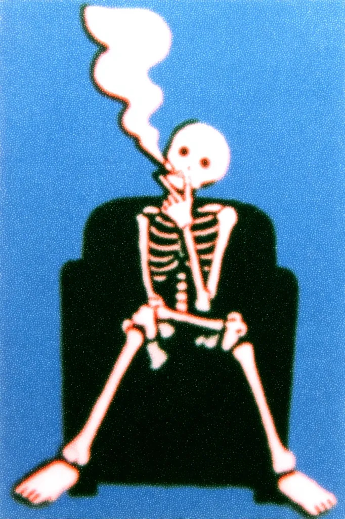 A stylized image depicts a skeleton seated in a dark armchair against a light blue background.  The skeleton holds a cigarette, from which smoke curls upward. The style is reminiscent of vintage advertising or warning posters, with bold outlines and flat coloring. The image carries a morbid yet playful tone, hinting at the dangers of smoking.