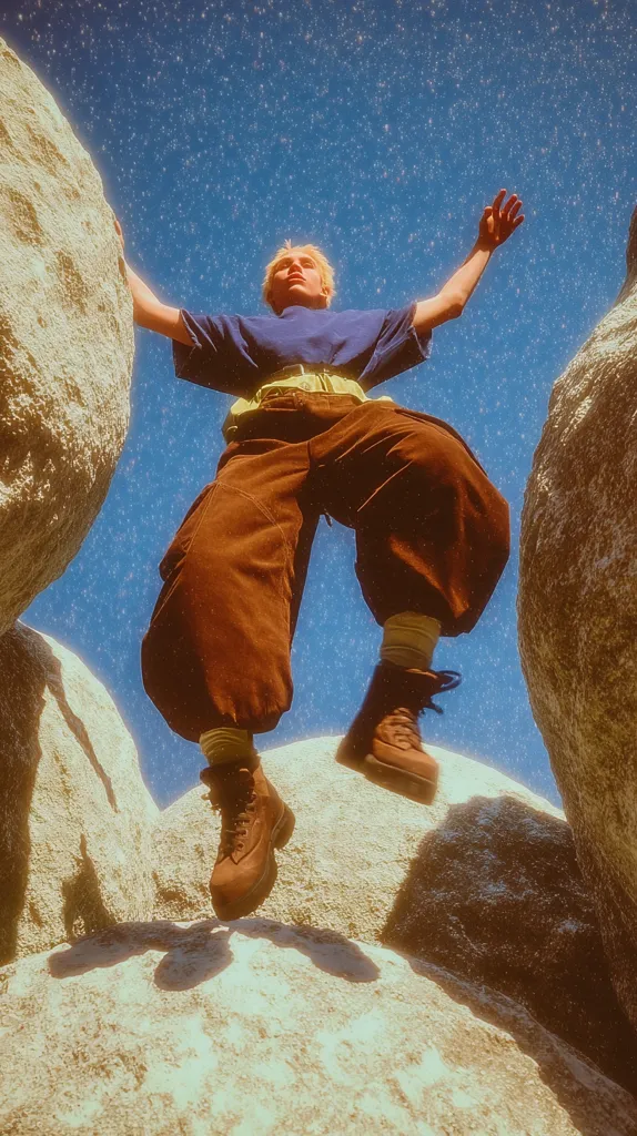 A person with blond hair, wearing brown pants and boots, leaps between large rocks against a bright blue, star-speckled sky.  Their arms are outstretched, and they appear to be suspended in mid-air. The image has a vintage, almost dreamlike quality with a sun-drenched, filtered aesthetic. The overall feeling is one of freedom and wonder.