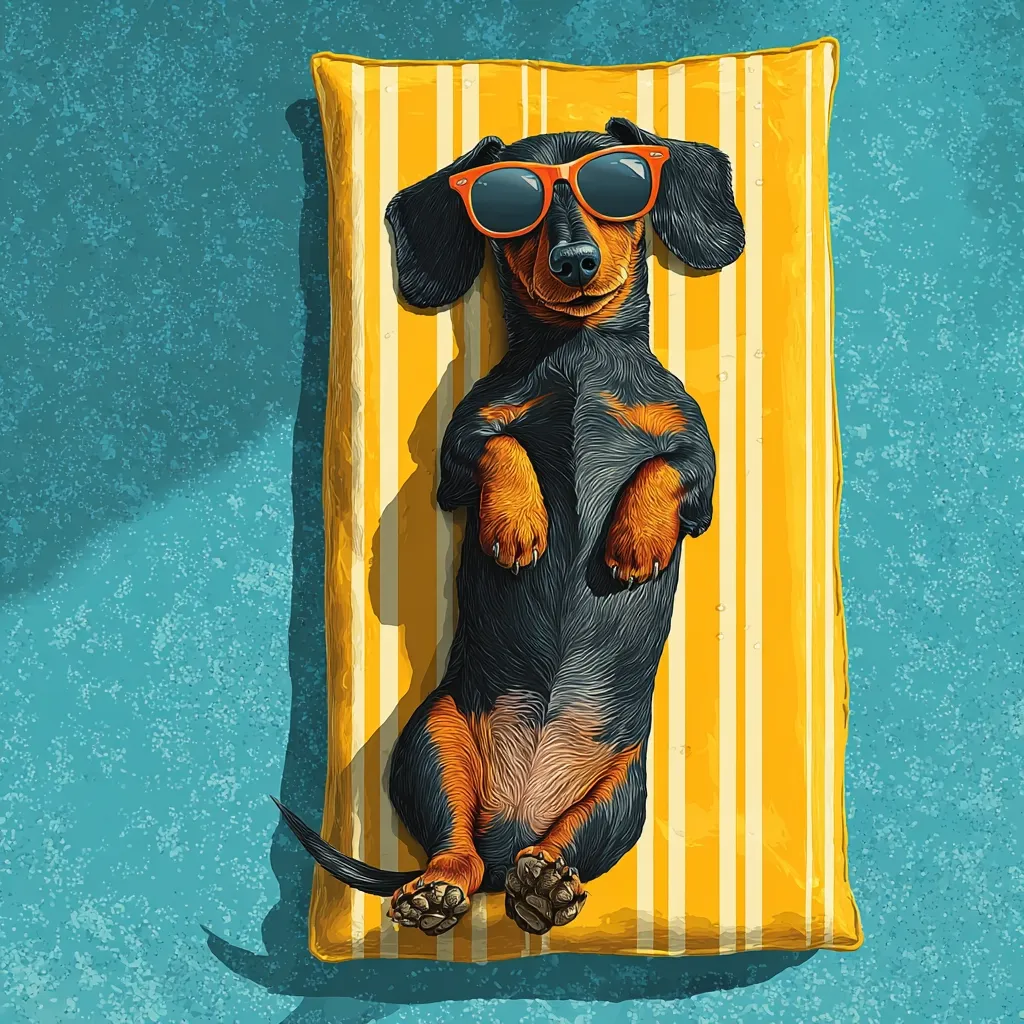 A black and tan dachshund lies on its back on a yellow and white striped beach mat, wearing orange sunglasses.  The dog's paws are neatly tucked up, and it appears relaxed and content. The background is a teal textured surface, suggesting a poolside or beach setting.  The image is rendered in a detailed, almost painterly style.