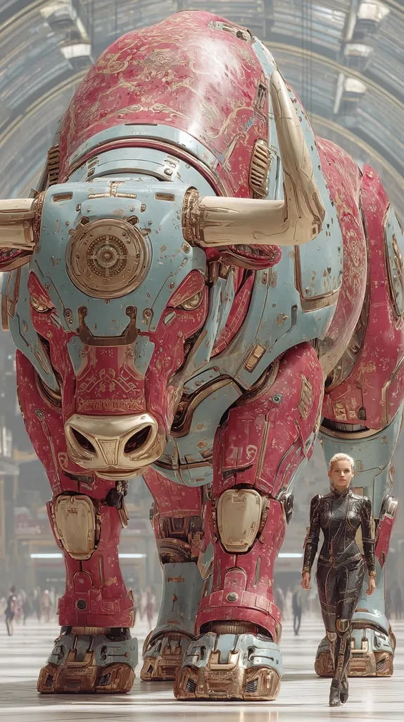 A colossal robotic bull, intricately designed with red and teal metallic panels and gold accents, stands majestically. Its surface displays a weathered texture, hinting at age or battle.  A woman in a sleek, dark futuristic suit stands dwarfed by the mechanical beast, emphasizing its immense scale. The background suggests a large, possibly futuristic, indoor space with blurred figures adding to the scene's depth.