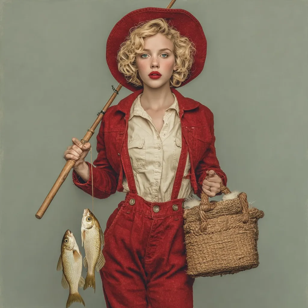 A young woman with blonde curly hair wears a red hat and matching overalls.  She holds a vintage fishing rod with two small fish hanging from the line, and carries a woven wicker basket.  Her pose and attire suggest a retro or vintage aesthetic, possibly inspired by 1940s or 1950s fashion. The overall tone is stylish and slightly whimsical.