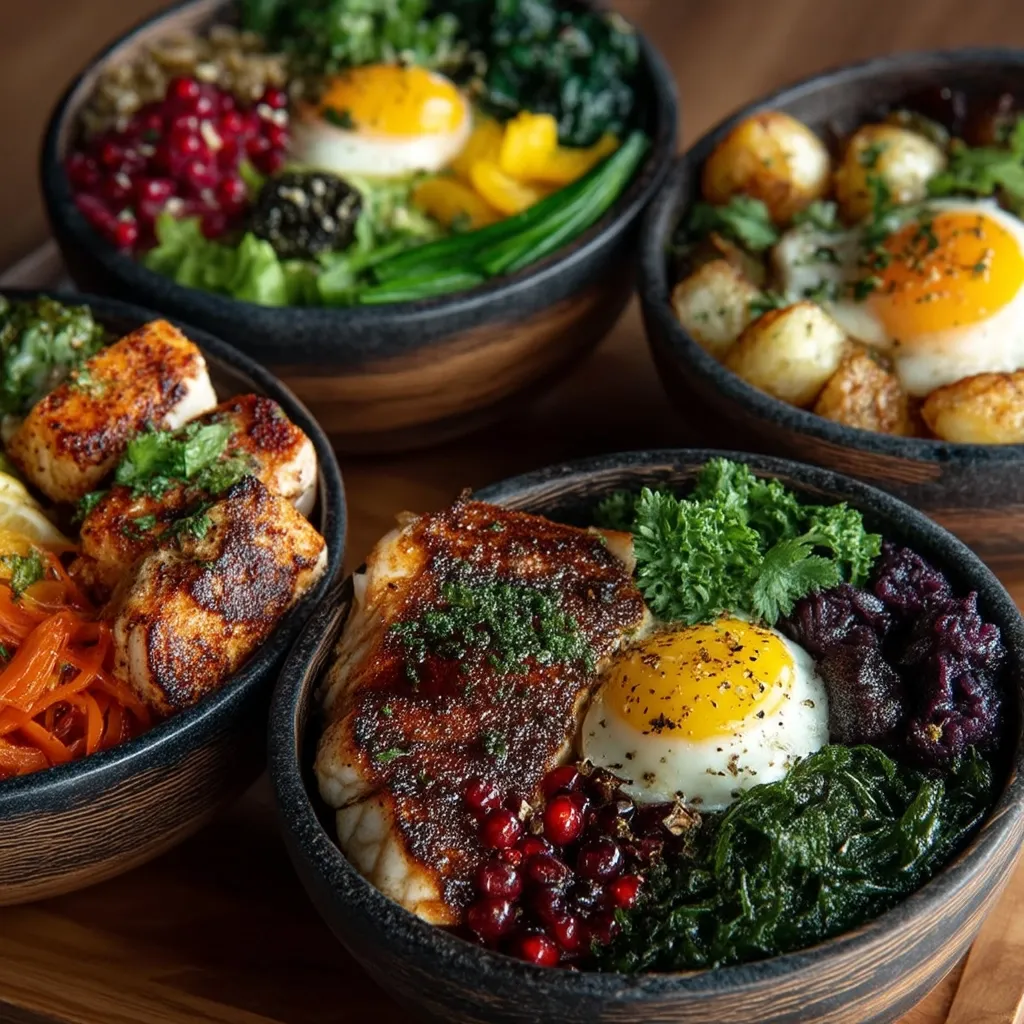 Four vibrant bowls showcase diverse culinary creations.  One features seared fish with pomegranate seeds and a fried egg, another boasts roasted potatoes and fried eggs, a third displays grilled fish with vibrant vegetables, and the fourth offers a colorful mix of vegetables and a fried egg.  Each bowl is artfully arranged with a variety of textures and colors, suggesting a focus on fresh, healthy ingredients. The dark wooden bowls contrast beautifully with the bright food.