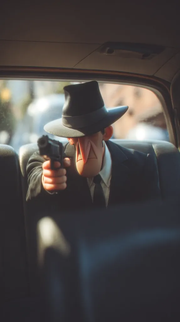 A stylized illustration depicts a gangster character seated in a vintage car. He wears a fedora and suit, his exaggerated features hinting at a cartoonish style.  His hand grips a handgun pointed outward, creating a dramatic scene reminiscent of classic crime films. The car's interior is dimly lit, contrasting with the brighter exterior through the window.  The overall aesthetic is a blend of retro and modern animation techniques.