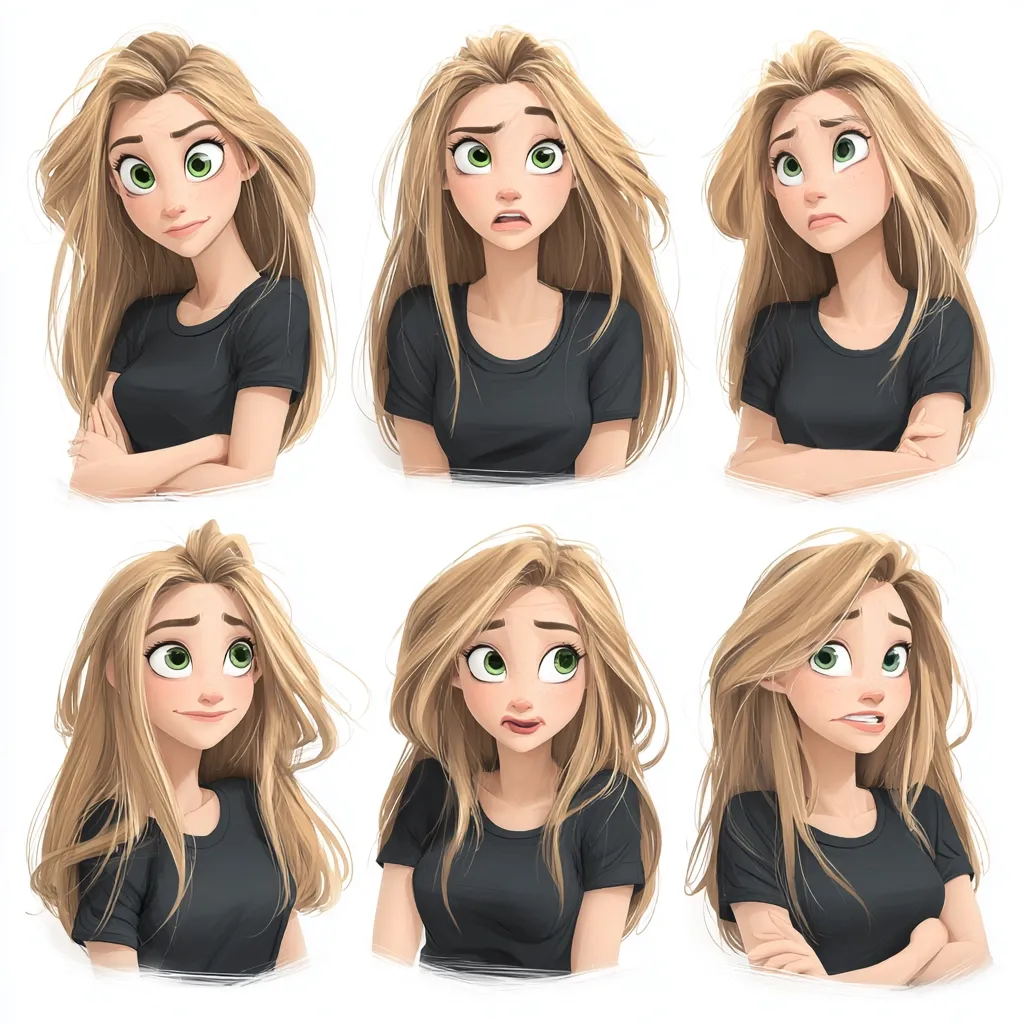 Six illustrations depict a young woman with long blonde hair and green eyes, showcasing a range of emotions.  She wears a simple black t-shirt.  Expressions include contentment, worry, concern, and slight annoyance, demonstrating a variety of subtle facial changes and hairstyles.  The style is reminiscent of modern cartoon animation.