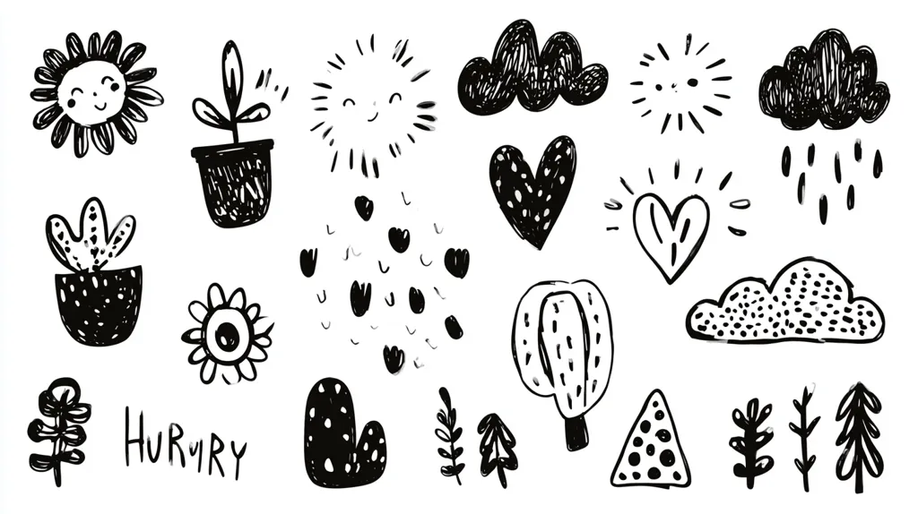 A collection of hand-drawn black and white illustrations.  The images include happy suns, potted plants, hearts, clouds, rain, and various nature-inspired motifs.  The style is childlike and playful, with a slightly textured, hand-drawn look. The word "HURRY" is also included.  The designs are simple and expressive, suitable for children's products or scrapbooking.