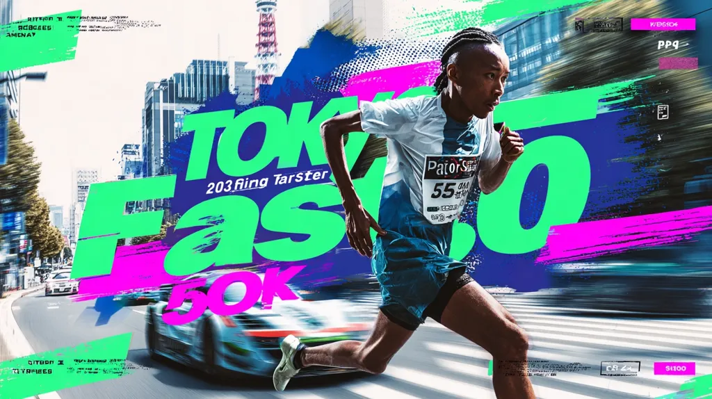 A vibrant promotional image for the "Tokyo Fast 50k" race.  A runner, number 55, is depicted mid-stride against a backdrop of blurred cityscapes and speeding cars.  Bold, stylized text emphasizes the event's name and location, creating a dynamic and energetic feel. The design incorporates bright, contrasting colors and abstract brush strokes, suggesting speed and excitement.
