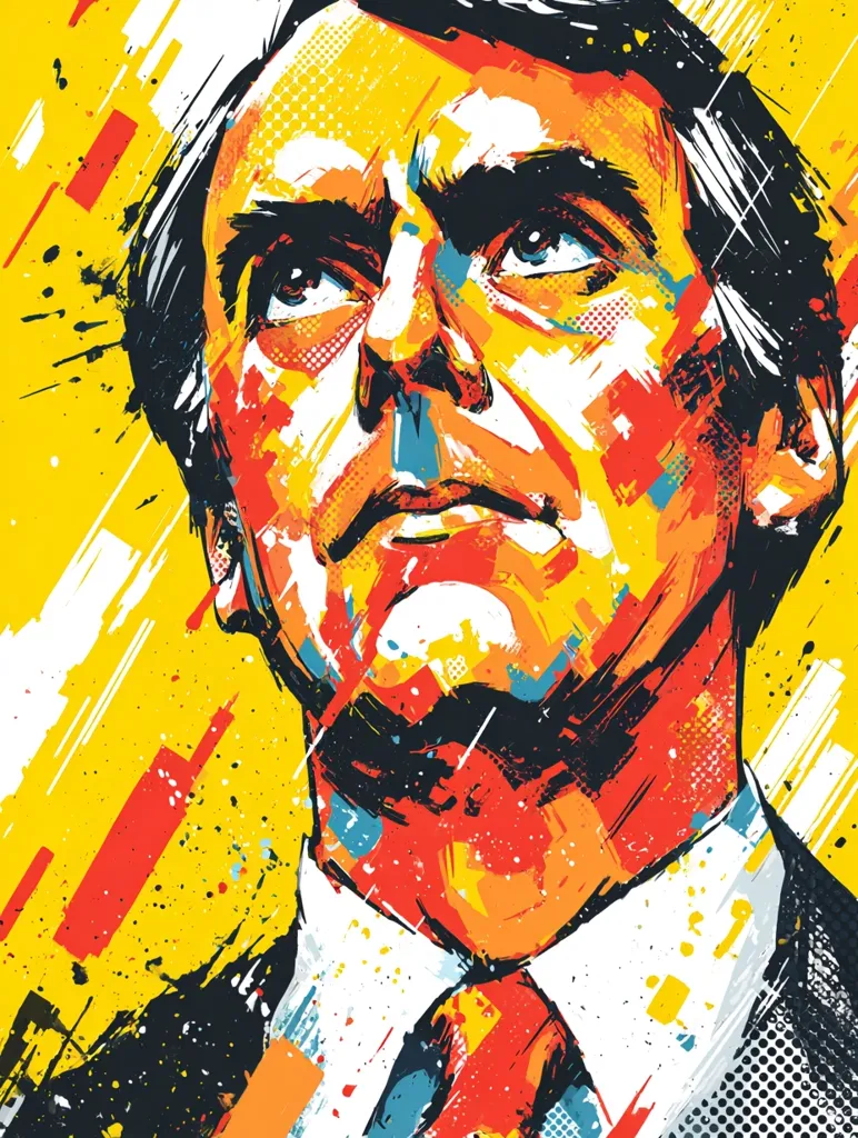 A vibrant, abstract portrait bursts with color.  Bold strokes of red, yellow, and blue depict a man in a suit, his gaze directed upward.  The style is energetic and expressive, blending sharp lines with splashes of paint, creating a dynamic and powerful image. The background features a chaotic yet balanced interplay of color and shape, complementing the intensity of the portrait's subject.