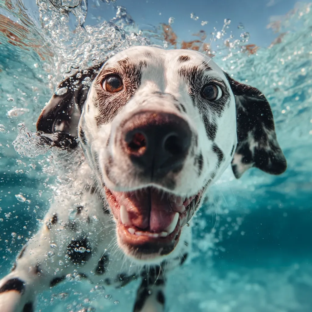 An underwater close-up captures a Dalmatian dog swimming.  Bubbles surround the dog's face, which is partially submerged.  Its mouth is open in a joyful expression, revealing its teeth and tongue.  The dog's distinctive black spots contrast against its white fur. The vibrant turquoise water forms a beautiful backdrop.