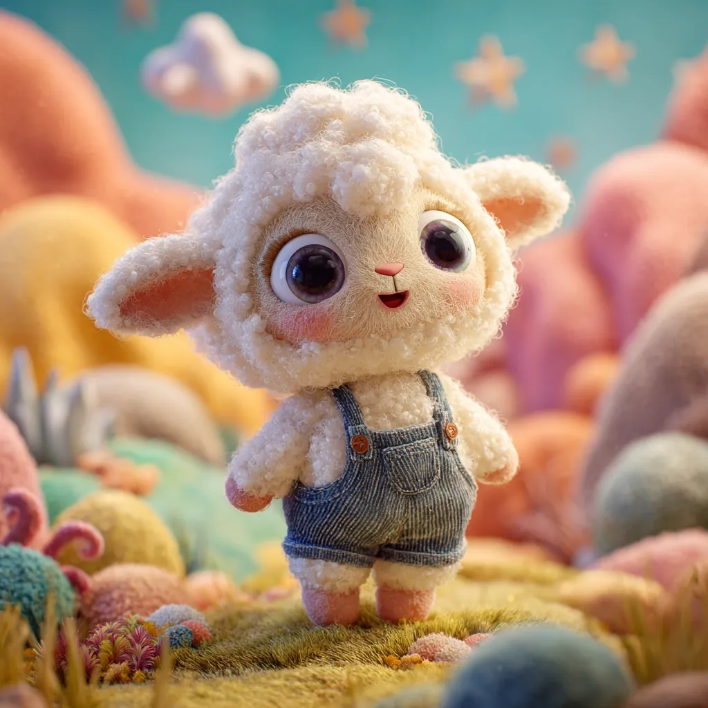 A cute, fluffy lamb, wearing denim overalls, stands in a whimsical landscape.  Large, expressive eyes and a cheerful expression characterize the adorable CGI creation.  The background features pastel-colored hills and whimsical flora, creating a dreamy, childlike setting. The lamb's soft fur and overall design contribute to its endearing charm.