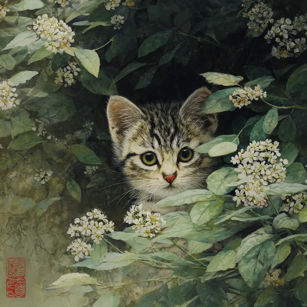 A charming painting depicts a tabby kitten peeking from behind a lush green bush brimming with delicate white flowers. The kitten's curious gaze and soft fur are beautifully rendered, contrasting with the vibrant greenery.  The artist's attention to detail creates a serene and captivating scene, evoking a sense of tranquility and the beauty of nature.  The subtle use of light and shadow adds depth and realism to the artwork.