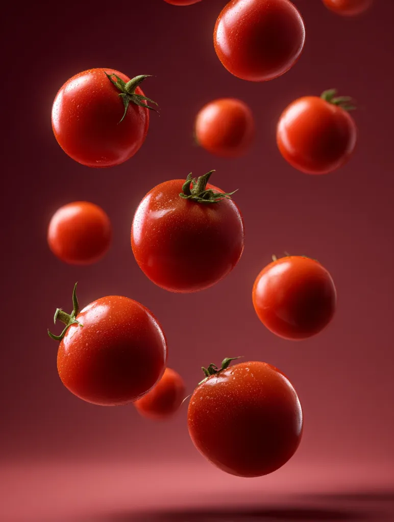 Multiple red tomatoes are suspended in mid-air against a deep maroon background.  The tomatoes vary slightly in size, and some appear to be wet, glistening under an unseen light.  They're falling or floating, creating a dynamic and visually appealing image focused on the vibrant color and texture of the ripe produce.