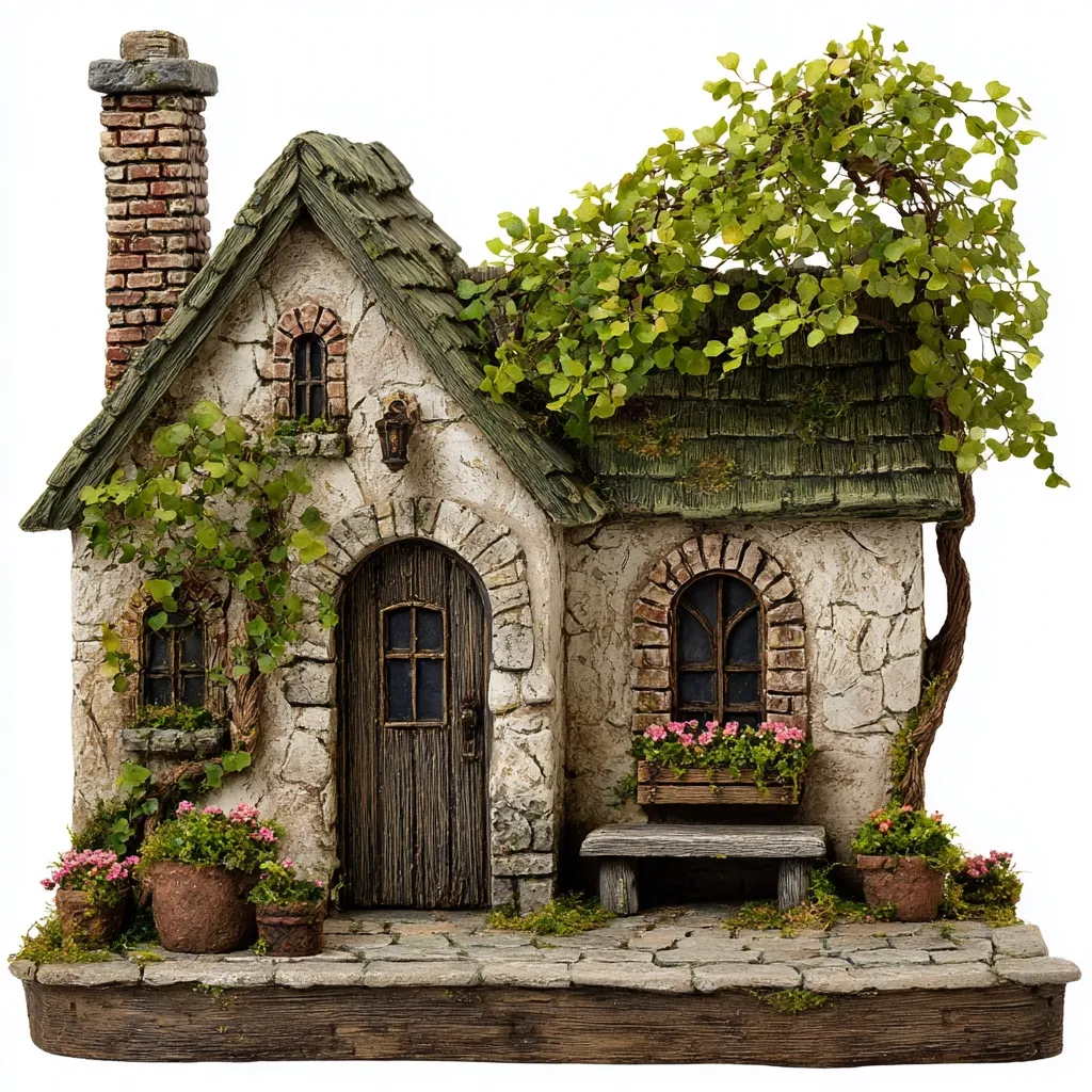 A charming miniature cottage, crafted from stone and adorned with ivy and flowering plants, sits on a stone base.  A brick chimney rises from the mossy green roof, partially obscured by an overhanging tree.  Small windows and a dark wooden door add to its quaint character.  Planters filled with pink flowers flank the cottage, adding to its idyllic ambiance.  A small wooden bench sits before the doorway, completing the scene.