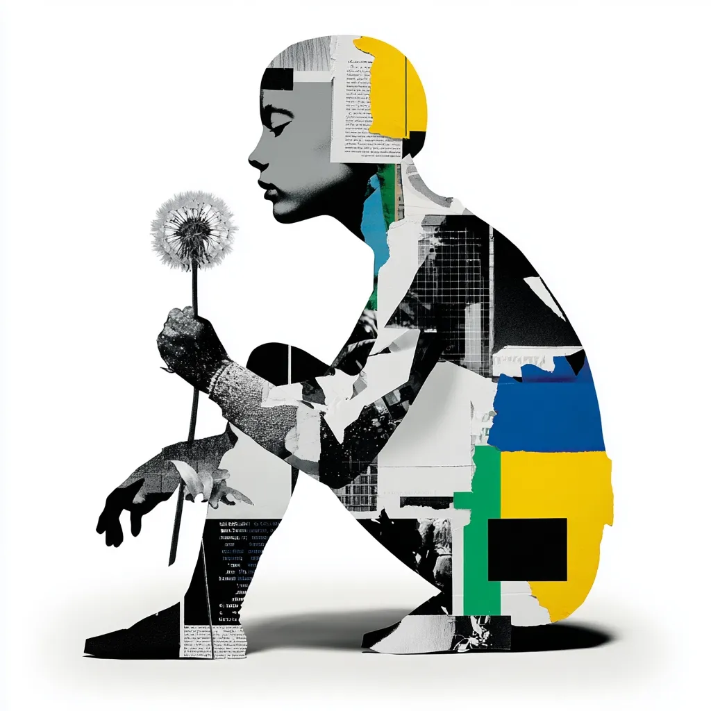 A monochromatic figure, seemingly a young woman, sits crouched, holding a dandelion.  The figure is composed of collaged fragments of text and images, creating a textured, multi-layered effect.  Bold splashes of yellow, blue, and green contrast with the grayscale background, adding vibrancy to the otherwise somber tone. The overall impression is one of quiet contemplation and inner complexity.