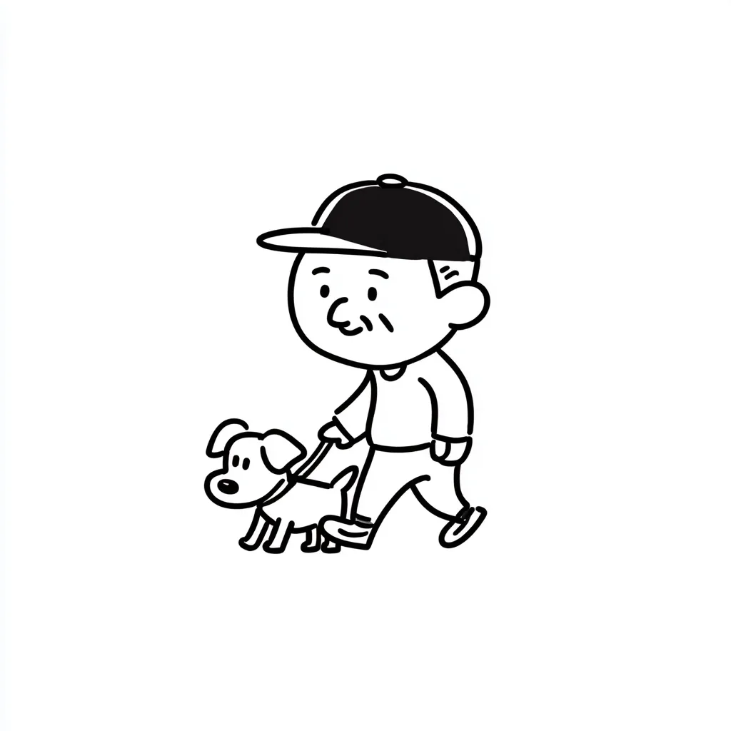 A simple line drawing depicts an elderly man wearing a baseball cap, strolling with his small dog.  The man is depicted in a casual outfit, and the dog is on a leash. The style is cartoonish and uncomplicated, focusing on the pleasant scene of a leisurely walk.