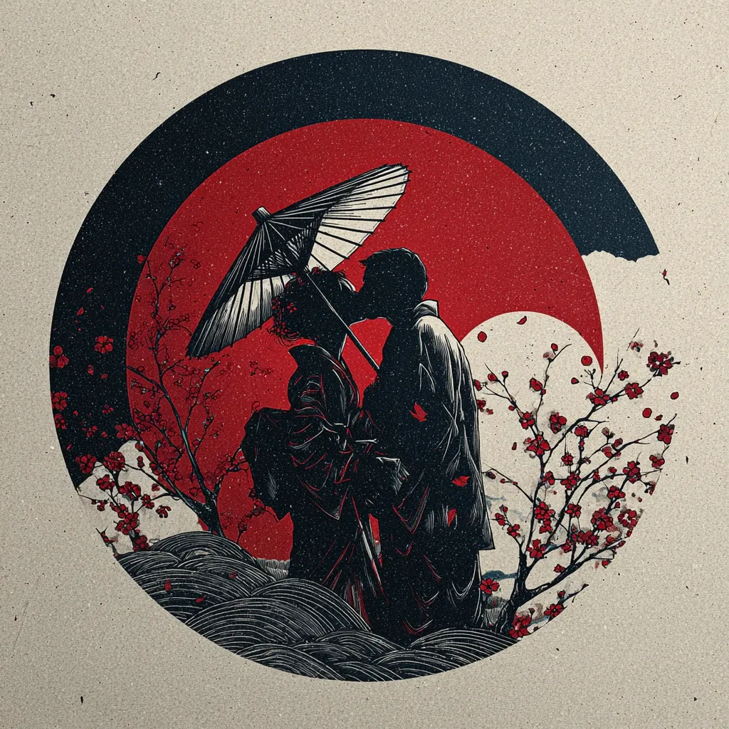 A stylized illustration depicts a couple sharing a kiss under a traditional Japanese parasol.  The figures are silhouetted against a vibrant red sun, partially obscured by dark clouds.  Delicate cherry blossoms frame the scene, adding to the romantic and serene atmosphere.  The artwork features a distinct woodcut aesthetic, with bold lines and contrasting colors.