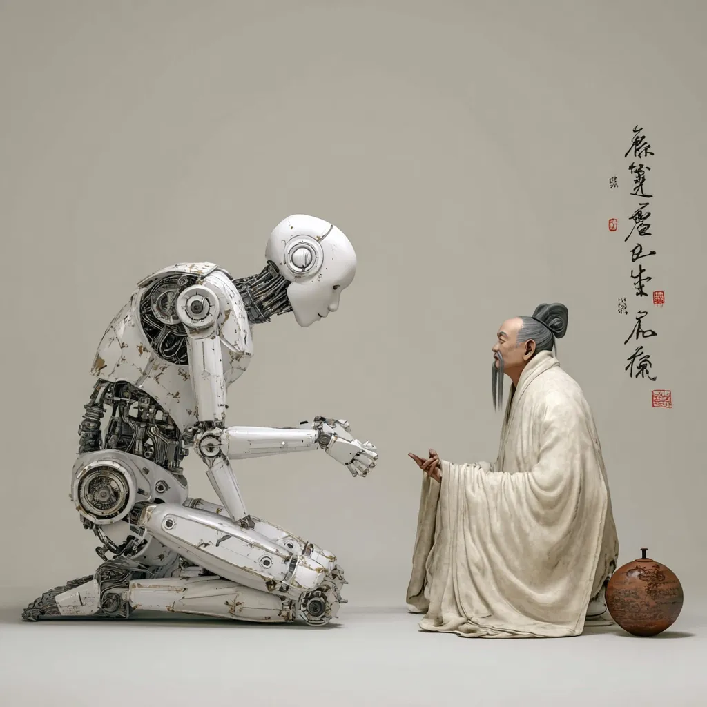 A weathered, kneeling robot extends a hand towards a seated, elderly man in traditional Chinese robes.  The scene is minimalist, set against a neutral background.  Chinese calligraphy is visible to the right, adding a layer of cultural context.  The image suggests a meeting, perhaps a transfer of knowledge or a symbolic interaction between technology and ancient wisdom. The robot's mechanical detail contrasts with the man's serene composure.