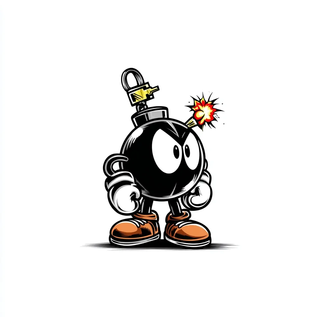 A cartoon bomb character with a grumpy expression is depicted.  It's black and round with short legs and orange shoes.  A lit fuse with a small explosion emanates from its top. The bomb has large, expressive eyes, conveying a sense of impending action or mischief. The style is reminiscent of graffiti art or a video game character.