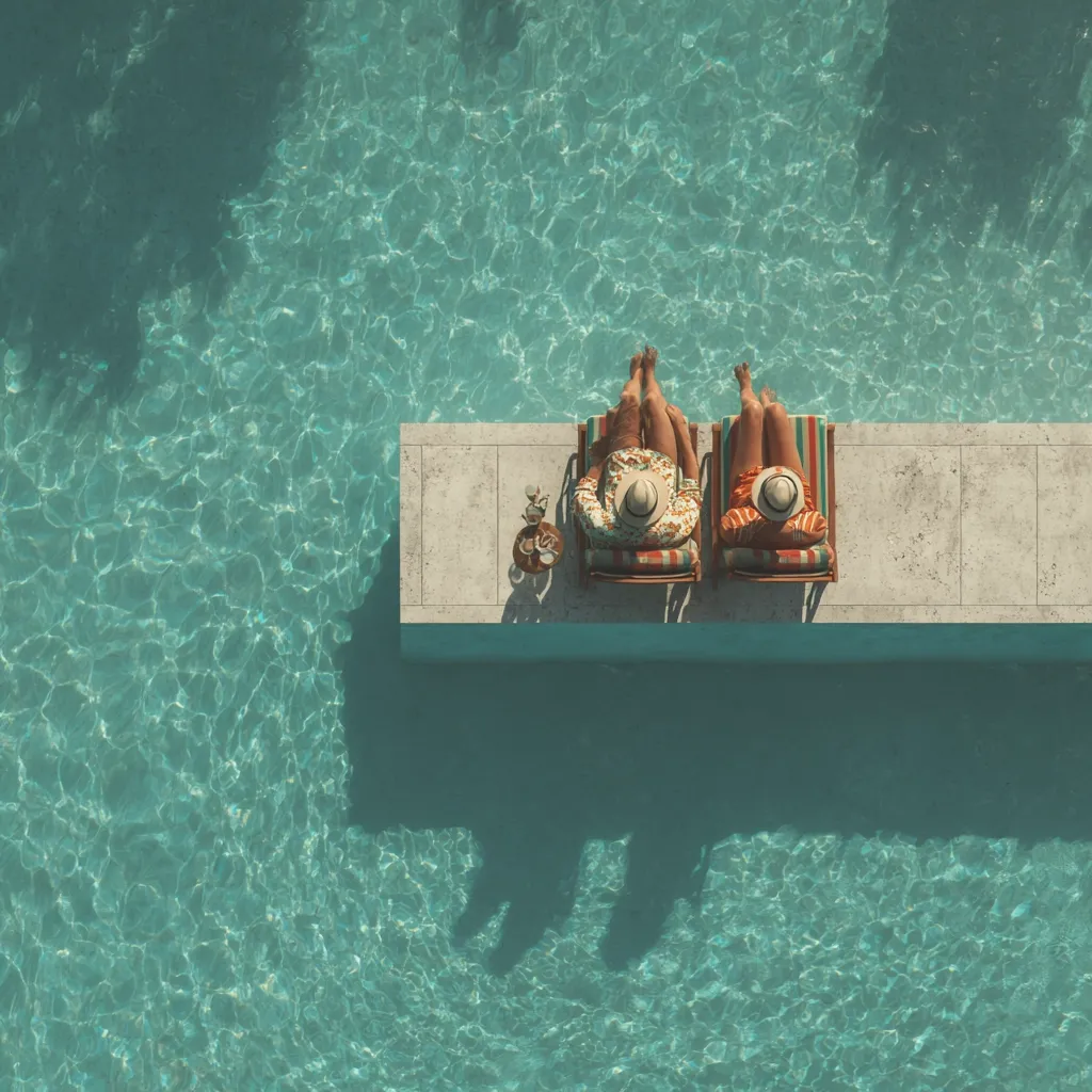 An aerial view shows two people relaxing on lounge chairs beside a turquoise swimming pool.  They wear summer attire and hats, and a small table holds drinks.  The scene is tranquil and evokes a sense of summer vacation. The pool's surface shimmers in the sunlight. The overall aesthetic is minimalist and stylish.