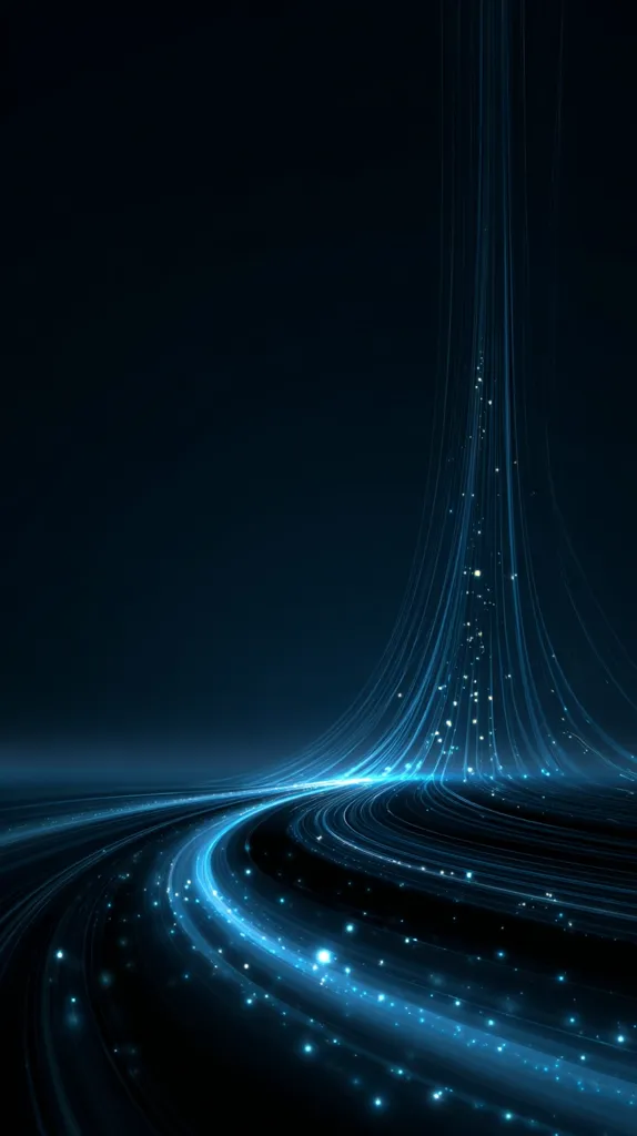 An abstract image depicts a dark blue, almost black, background with glowing blue lines curving and swirling like a cosmic river.  The lines converge at the top, creating a waterfall effect of light.  Small, bright sparkles are scattered throughout, adding to the ethereal and futuristic atmosphere.  The overall impression is one of movement, energy, and otherworldly beauty.