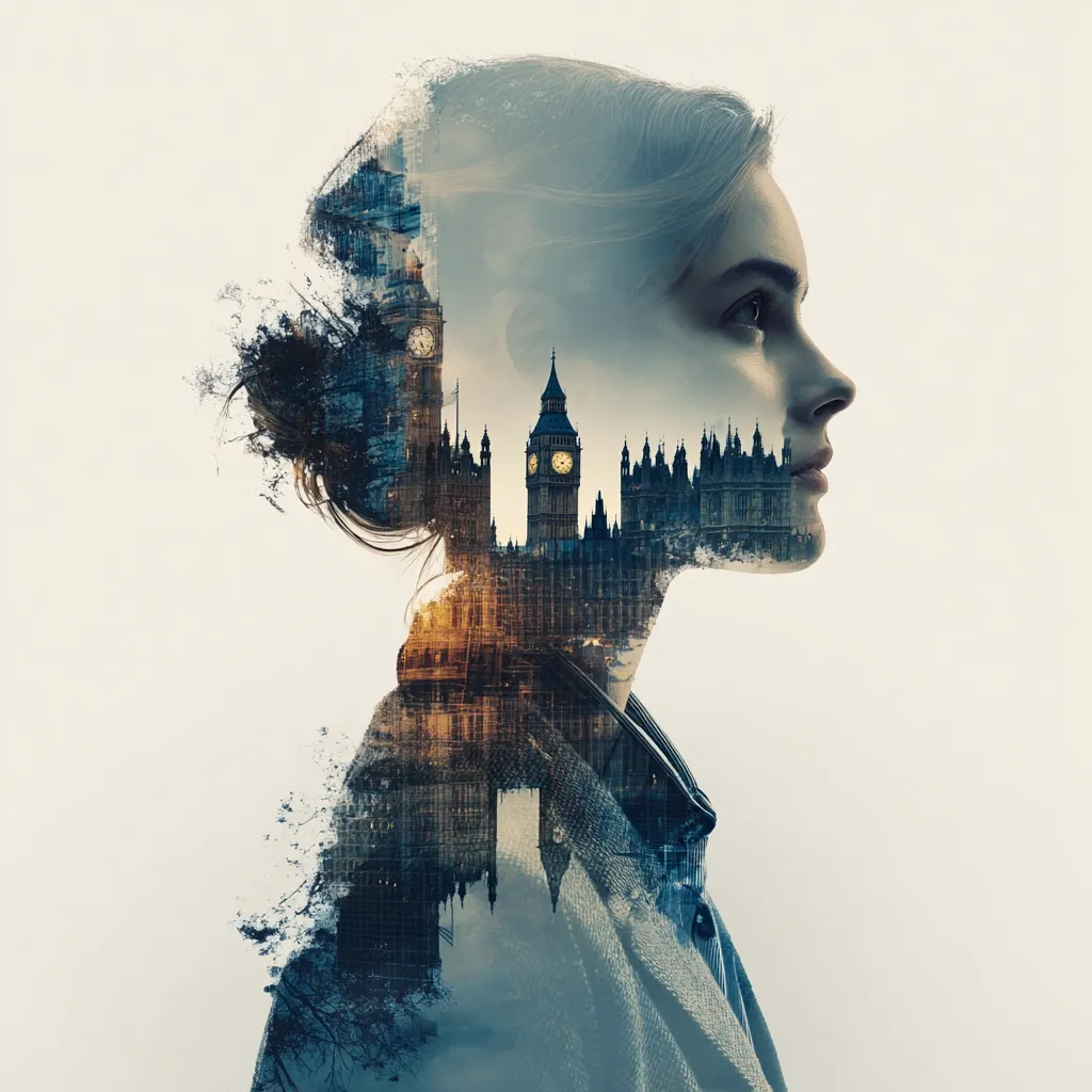 A double exposure image showcases a woman's profile superimposed over a cityscape.  The Houses of Parliament and Big Ben in London are clearly visible within her head and shoulders, creating a striking visual blend of portrait and architecture. The overall effect is ethereal and evocative, suggesting a connection between the individual and the city. The muted color palette and soft focus enhance the dreamlike quality.
