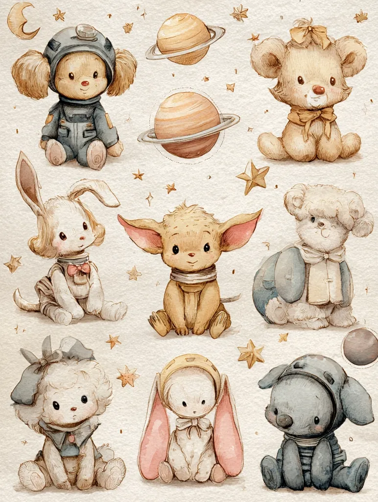 Nine adorable watercolor illustrations of stuffed animals in astronaut suits and space-themed attire.  The animals include bunnies, puppies, and teddy bears. Planets, stars, and a crescent moon adorn the background, creating a whimsical, cosmic scene.  The style is soft and charming, perfect for children's books or nursery decor.