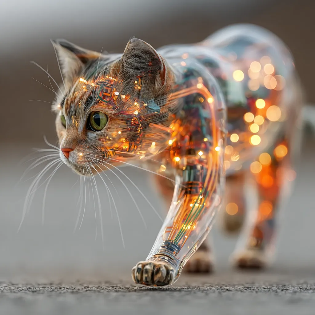 A digitally enhanced image depicts a tabby cat seemingly composed of translucent circuitry and glowing amber lights.  The cat's fur is visible, overlaid with intricate wiring that suggests a fusion of organic and technological elements. It walks towards the viewer, its mechanical components subtly illuminating its form. The background is blurred, drawing focus to the bio-mechanical feline.