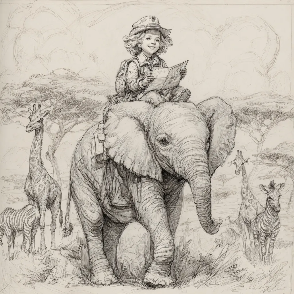 A detailed pencil sketch depicts a young girl in a safari hat and backpack sitting atop an elephant.  She holds a map, appearing content.  The elephant calmly walks through an African savanna, accompanied by a giraffe and a zebra in the background, creating a serene yet adventurous scene. The artist's skill is evident in the realistic rendering of the animals and the girl's expression.